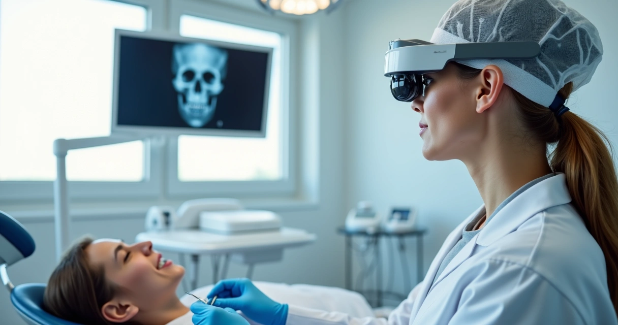 Dentista usando lupa profissional com iluminação em consultório moderno 