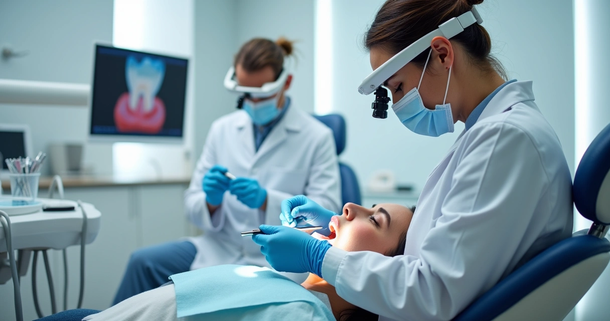 Dentista usando lupa Zumax em paciente durante procedimento restaurador 