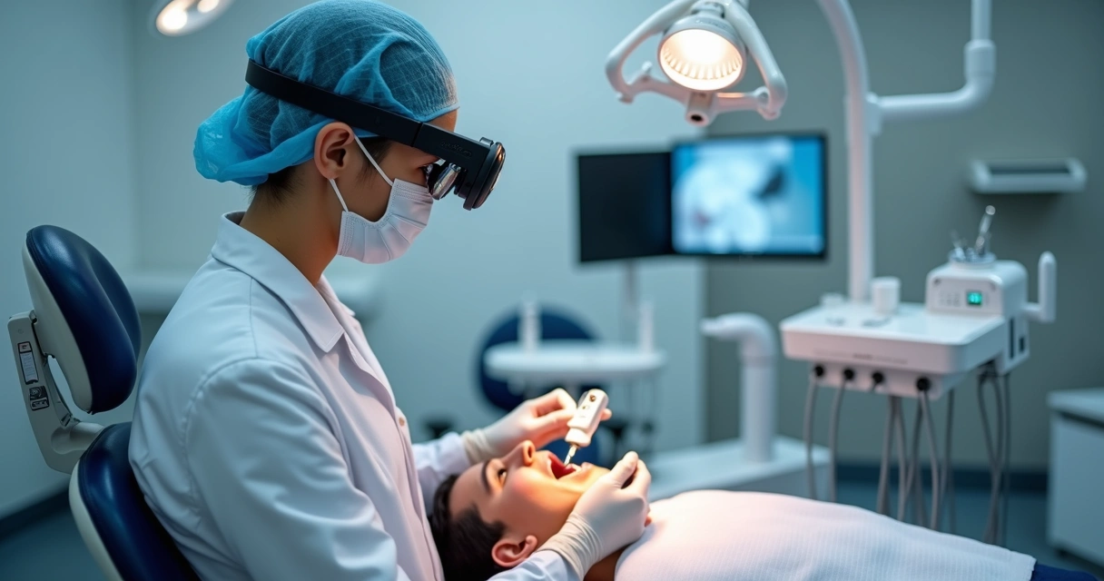 Dentista usando lupa Zumax com iluminação de LED em microprocedimento odontológico 