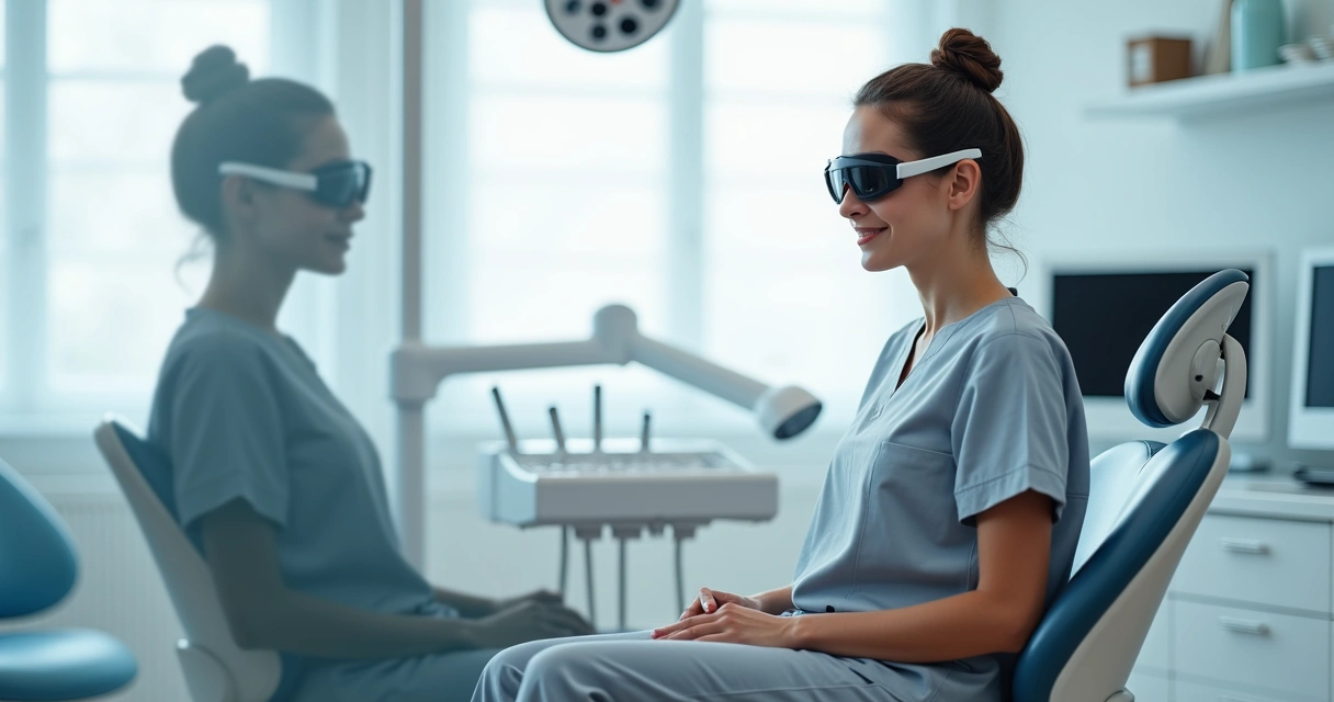 Dentista usando lupa Zumax ajustando postura na cadeira odontológica 