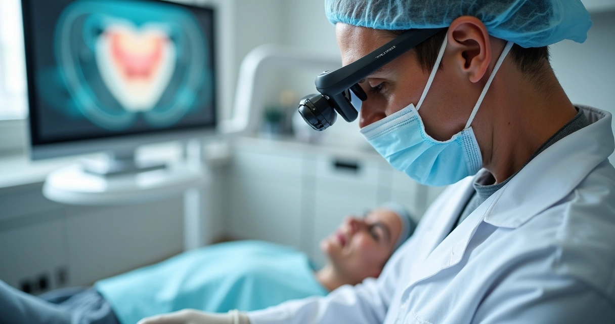 Dentista usando lupas binoculares Zumax durante procedimento odontológico 