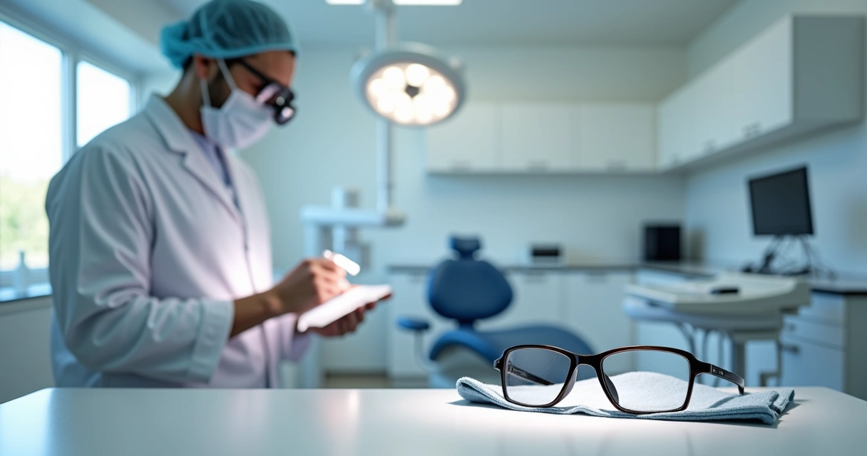 Dentista avaliando desgaste em lupas cirúrgicas no consultório 