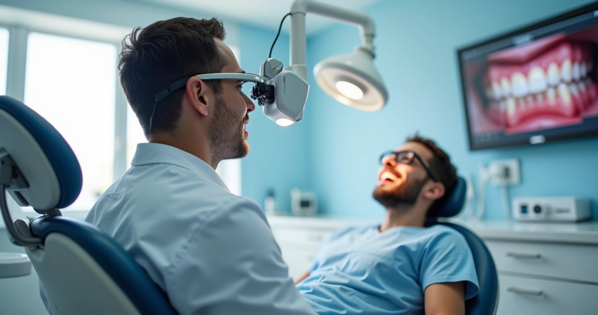 Dentista usando lupas cirúrgicas Zumax em procedimento de odontologia estética 