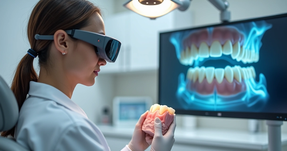 Dentista comparando lupa óptica Zumax com tela de aumento digital no consultório 