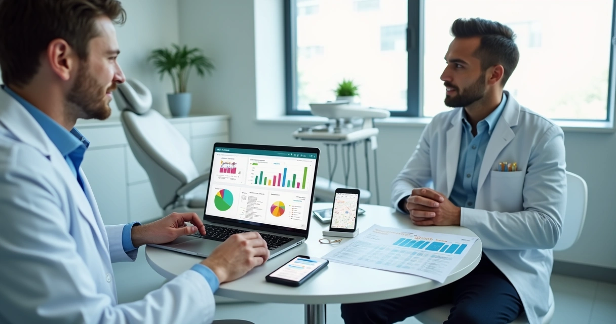 Dentista em reunião com especialista de marketing analisando resultados no notebook 