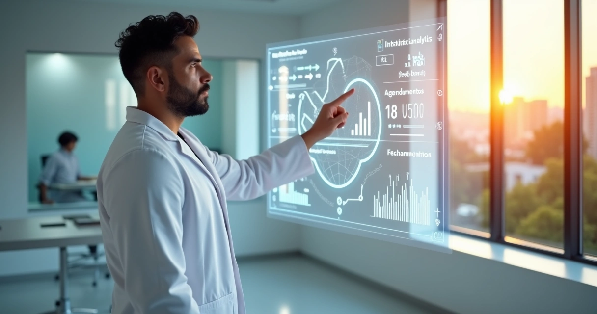 Dentista em Campo Grande analisando painel digital de marketing odontológico 