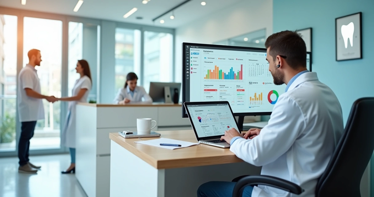 Dentista em consultório moderno usando notebook com gráficos de marketing e agenda cheia 