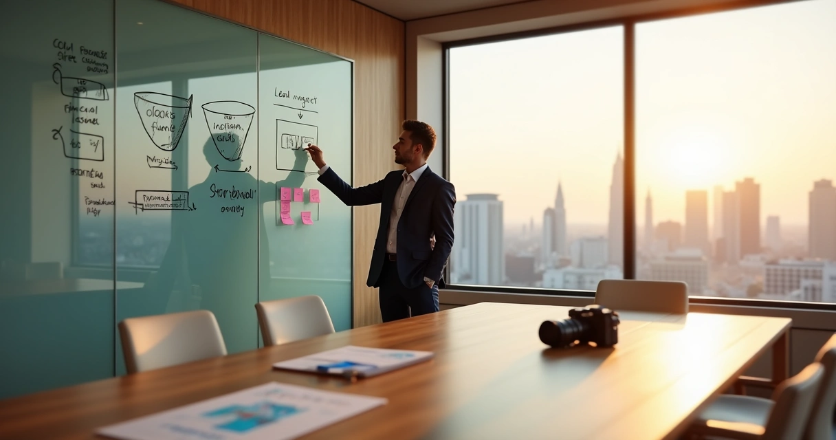 Dentista apresenta planejamento de marketing de conteúdo premium em sala moderna 