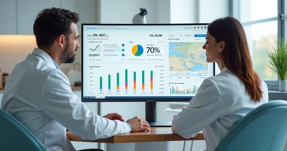 Dentista analisando painel de marketing digital com equipe de agência 