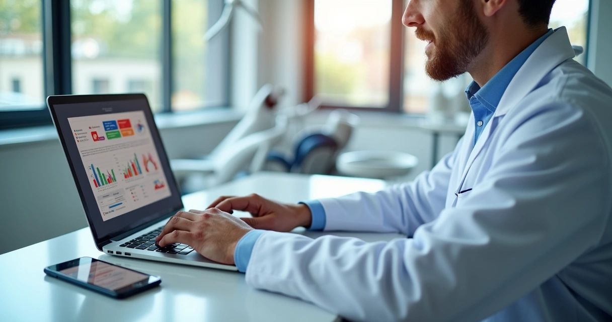 Dentista usando laptop com gráficos de marketing digital na tela e celular ao lado numa clínica moderna 