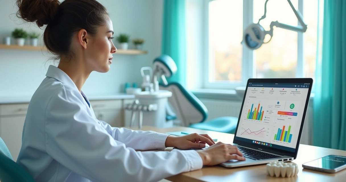 Dentista analisando gráficos de crescimento em notebook dentro da clínica odontológica 