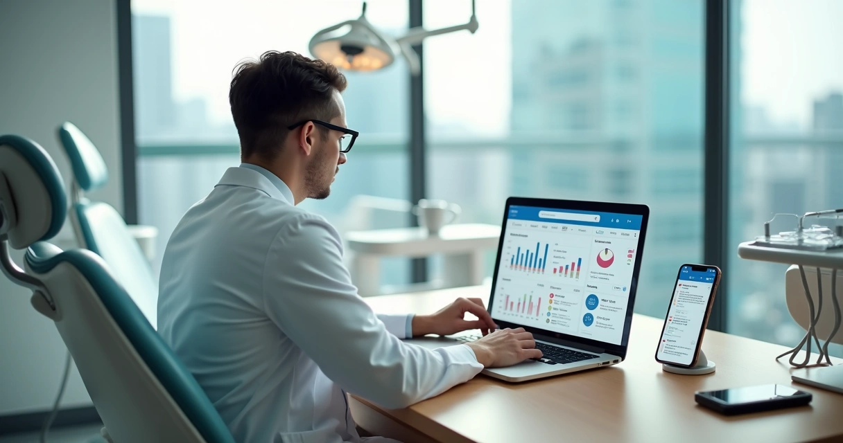 Dentista analisando estratégias de marketing digital em consultório moderno 