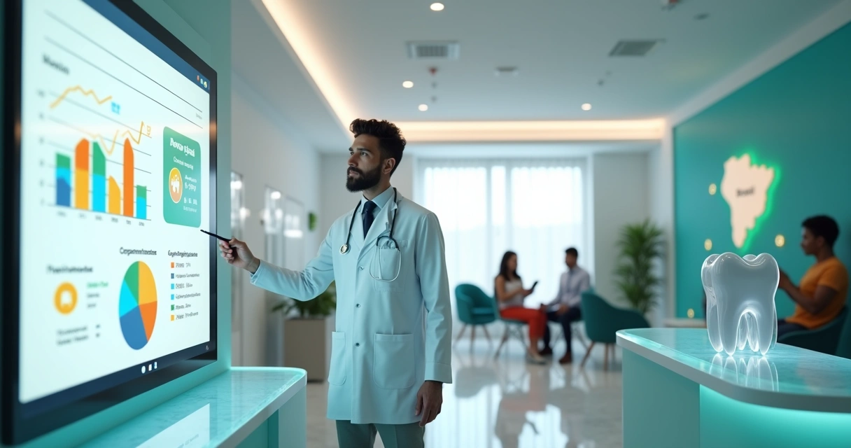 Dentista em consultório moderno analisando painel digital de marketing odontológico 