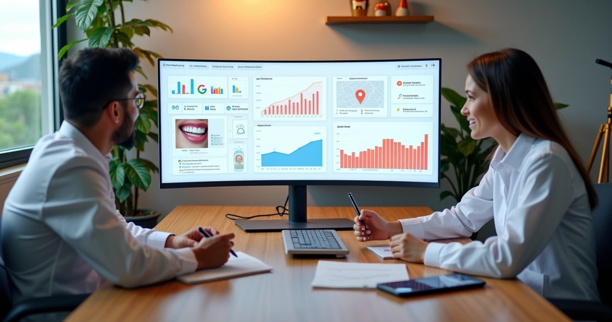 Dentista em Duque de Caxias analisando painel digital de marketing odontológico 
