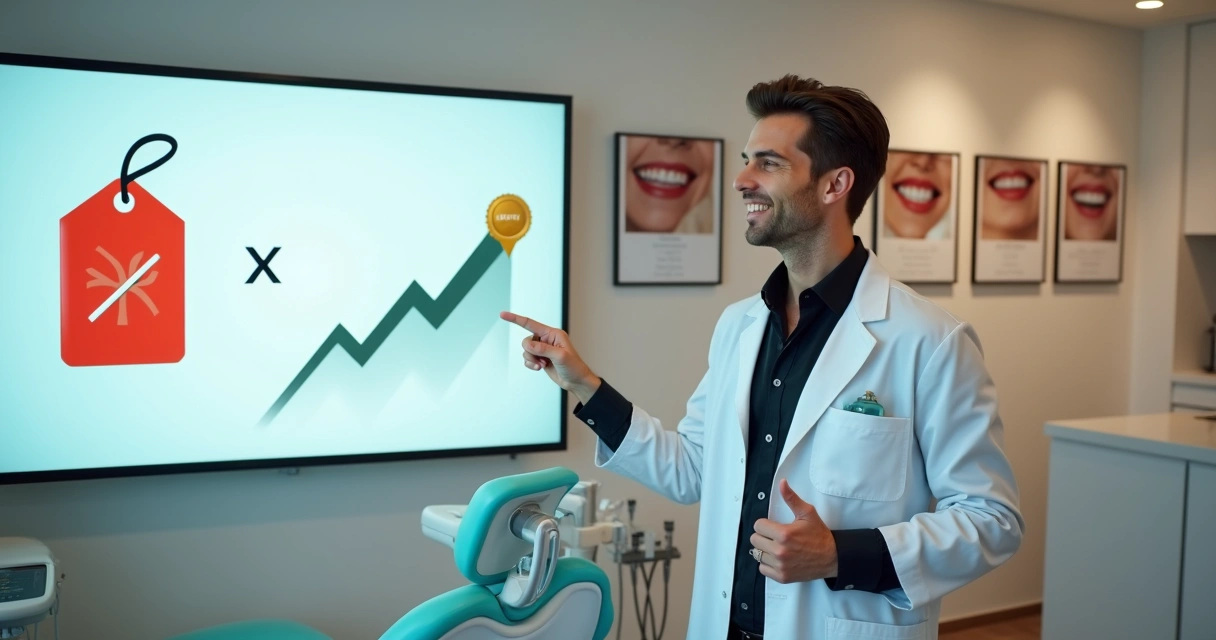 Dentista em consultório apontando para gráfico com símbolo de preço cortado 