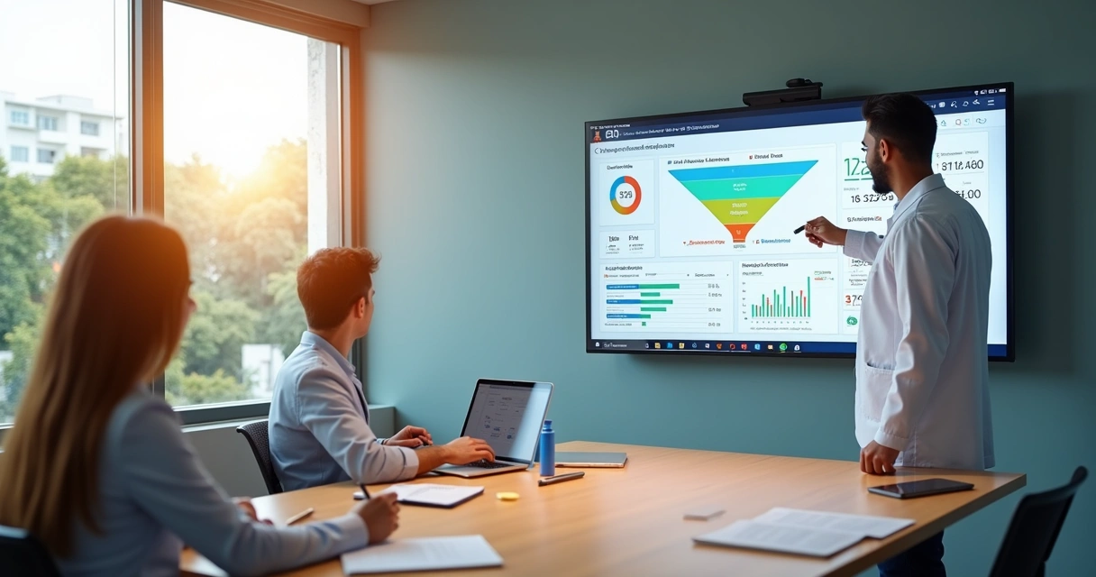 Dentista observando painel digital de marketing com equipe em clínica moderna 