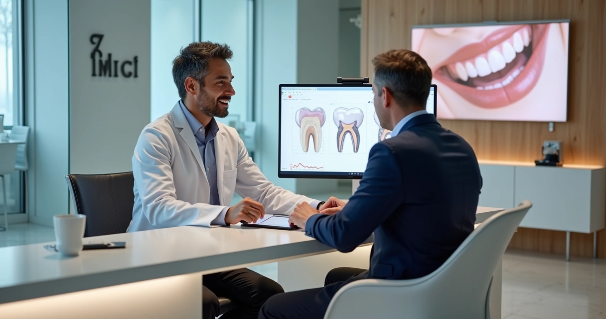Dentista mostra plano de tratamento premium em clínica moderna para paciente de alto ticket 