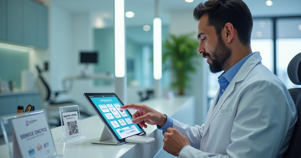 Dentista analisa opções de marketplaces de serviços odontológicos na tela de tablet 