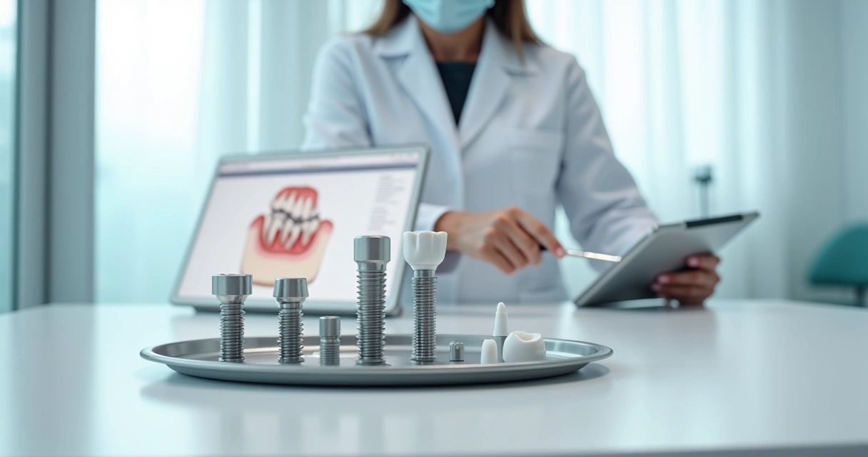 Dentista mostrando diferentes materiais de implante dentário sobre a mesa 