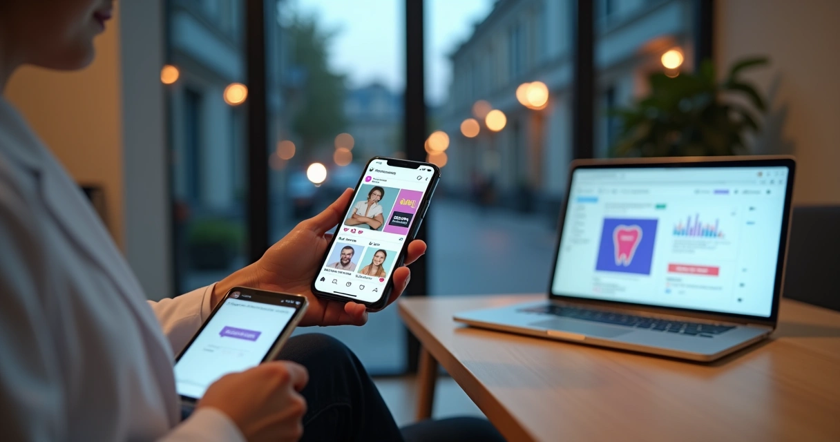 Dentista segurando smartphone com anúncios de clínica aparecendo no feed 