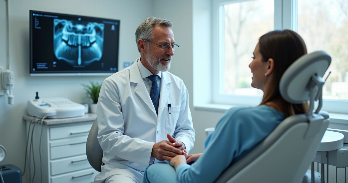 Dentista conversa com paciente em consultório moderno
