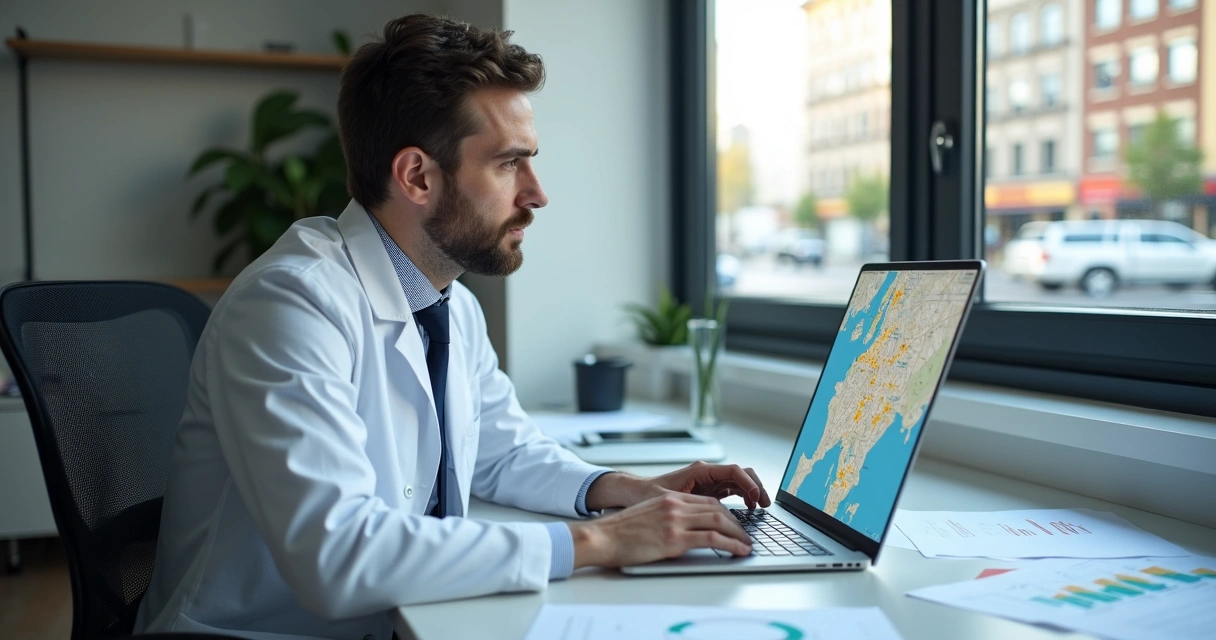 Profissional odontológico usando laptop e analisando mapas e dados de concorrentes