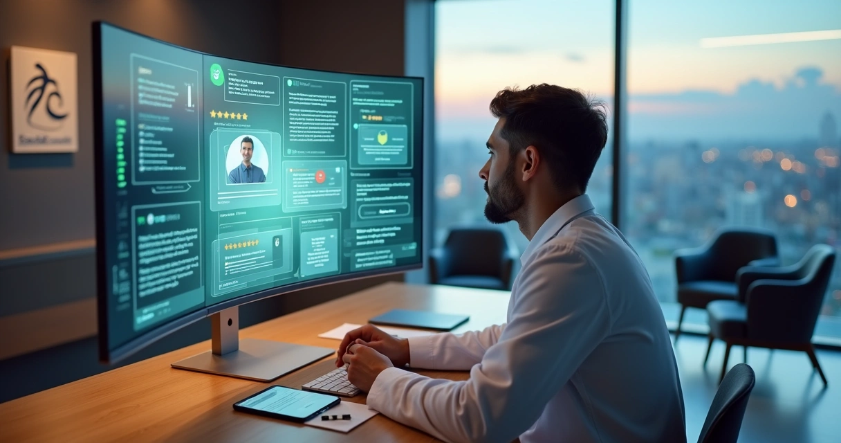 Dentista monitora tela com alertas de reputação online em consultório moderno 