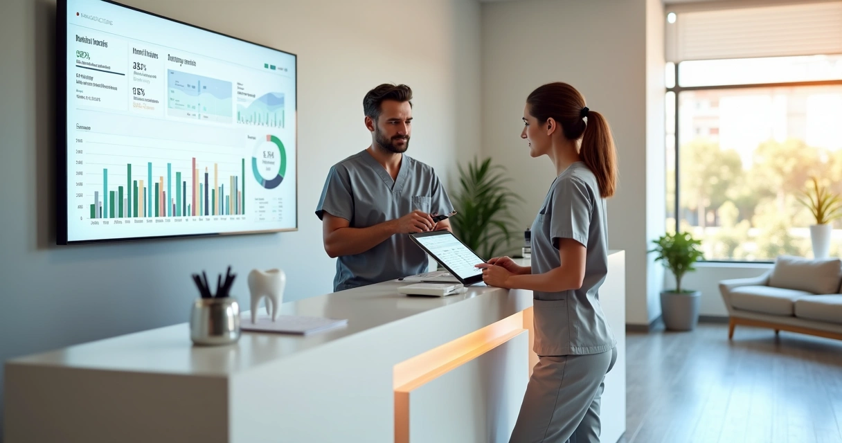Dentista em recepção de clínica apontando para dashboard financeiro na tela 
