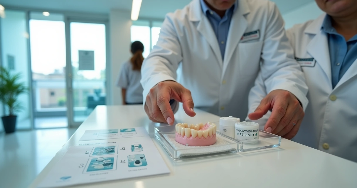 Dentista em consultório moderno mostrando kit de cuidados para prótese flexível a paciente adulto 