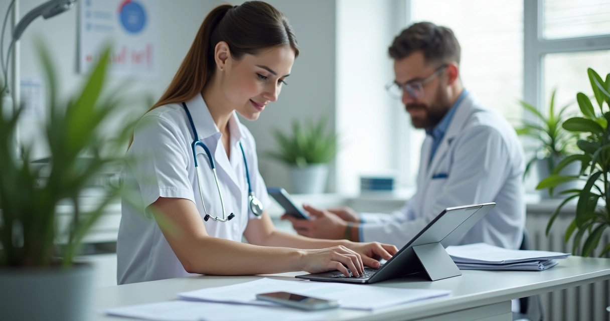 Dentista olhando para agenda digital enquanto trabalha em clínica moderna organizada 