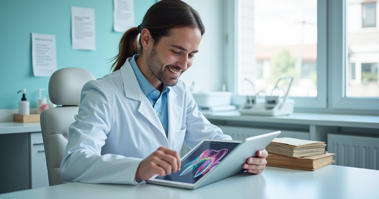 Dentista acessando prontuário digital em tablet