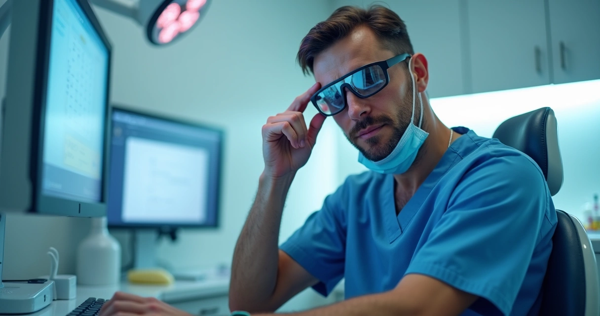 Dentista tocando a região dos olhos cansados em consultório odontológico iluminado 