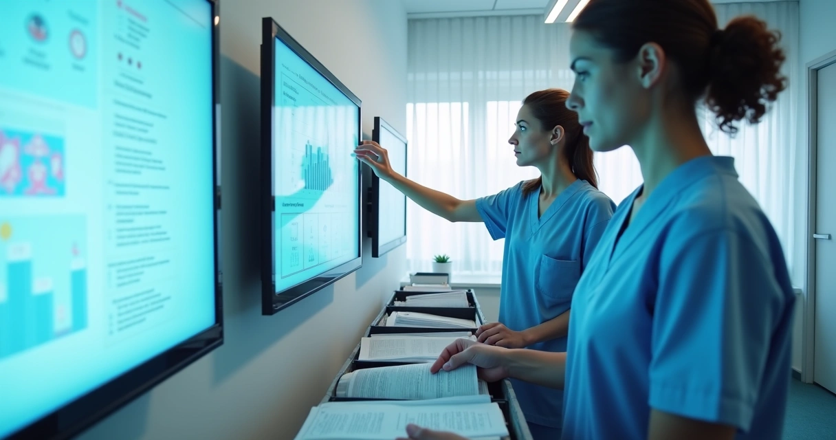 Equipe de dentistas organizando documentos digitais em uma clínica moderna 