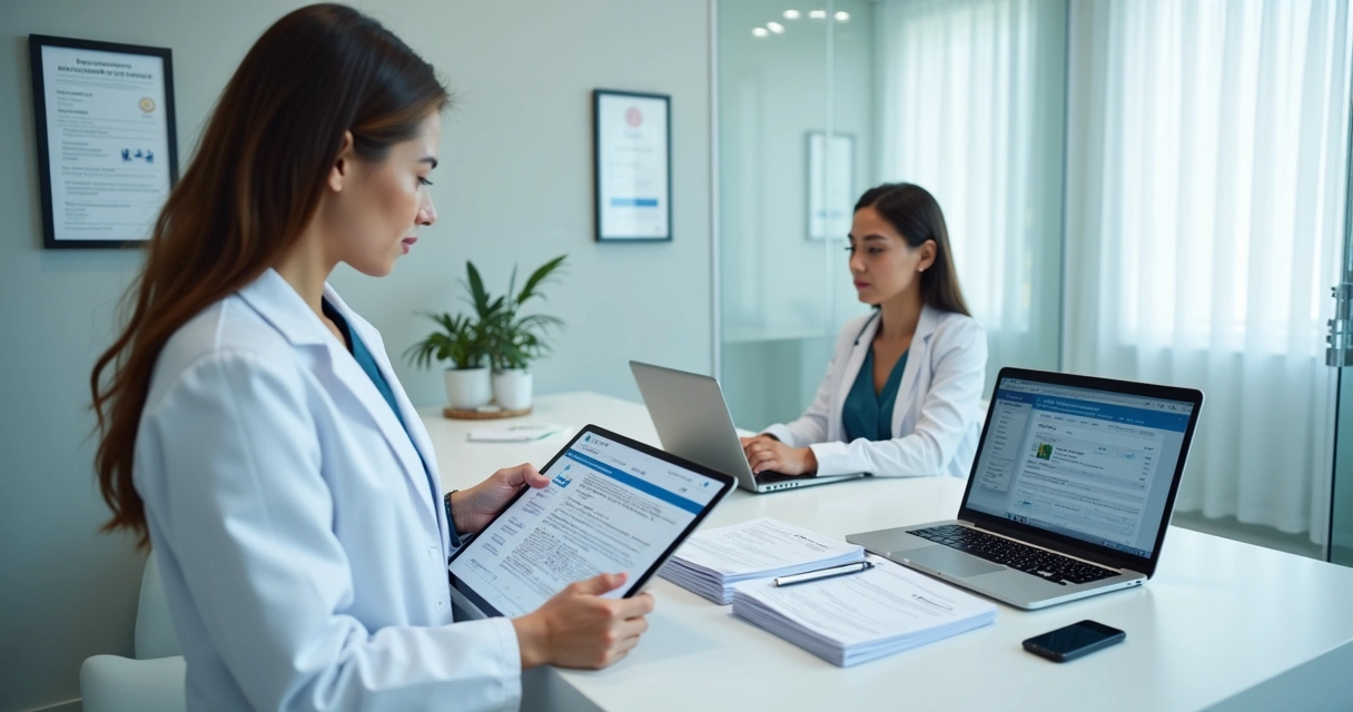 Dentista em clínica organizada revisando documentação digital e em papel na recepção 