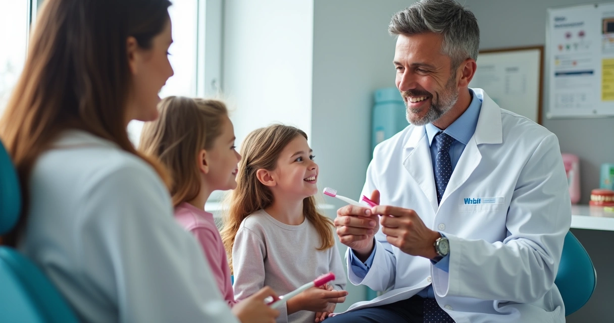 Dentista mostra escovação correta para família 