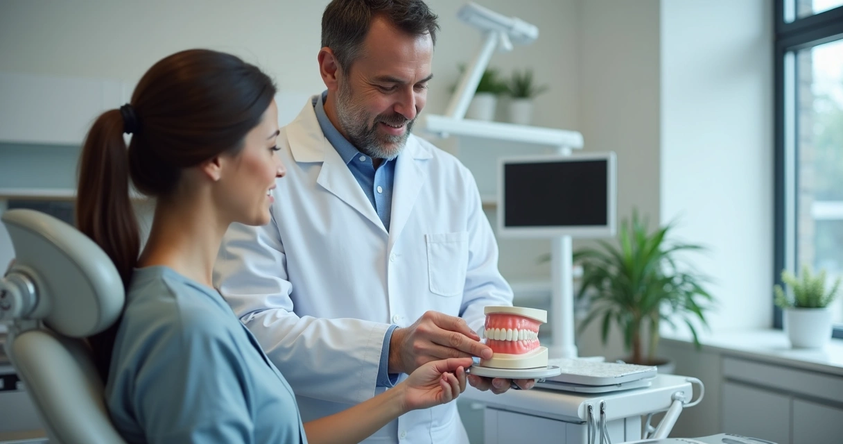 Dentista orienta paciente sobre lente de porcelana