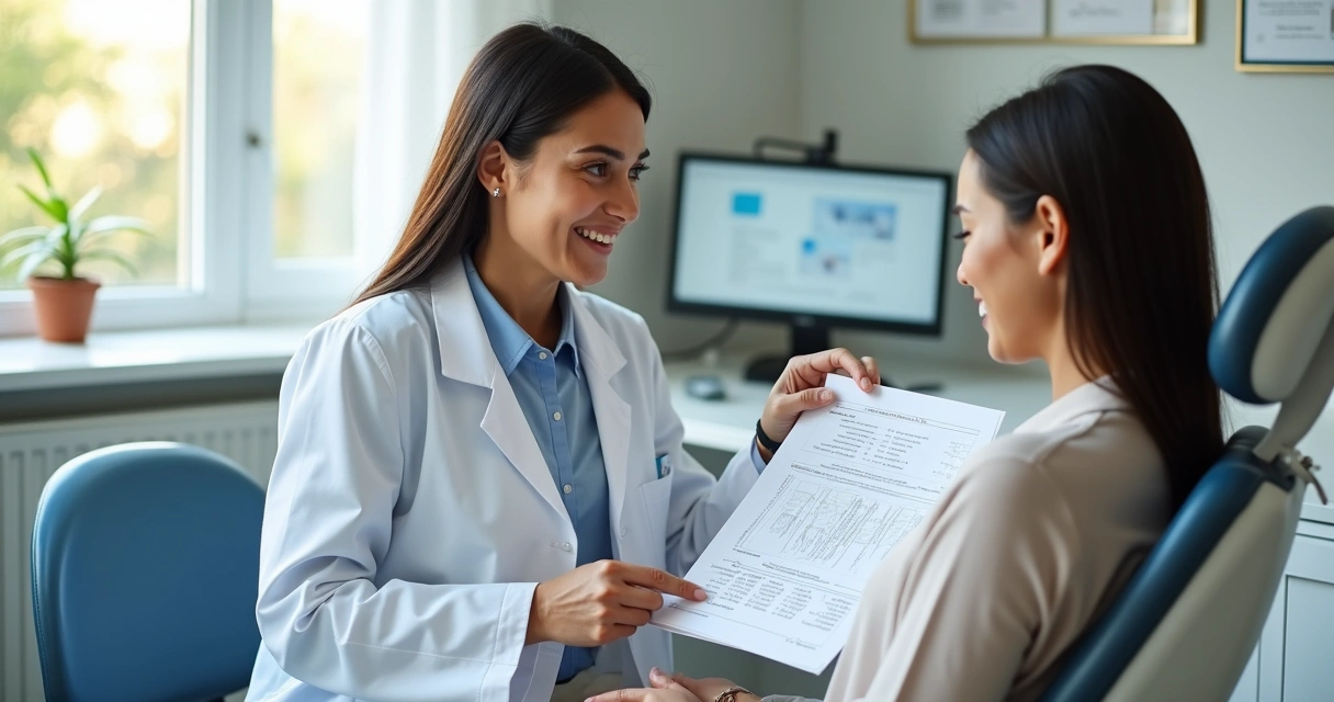 Dentista mostra plano de tratamento impresso à paciente sorridente