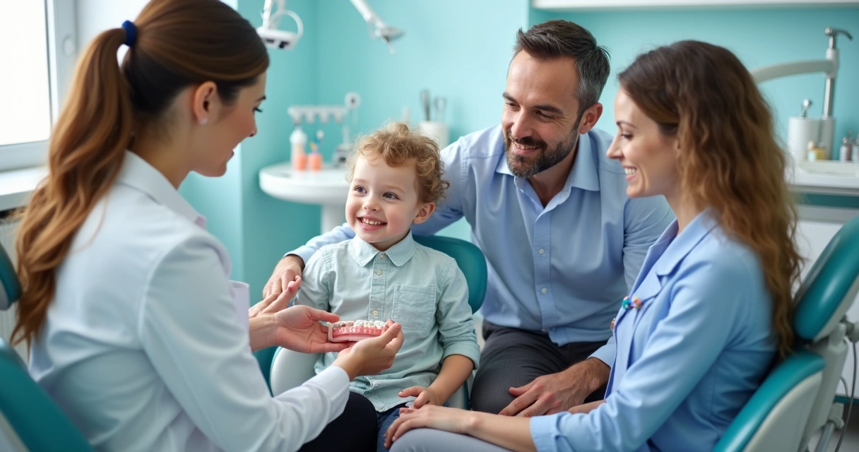 Dentista orientando pais e criança sobre prótese dentária