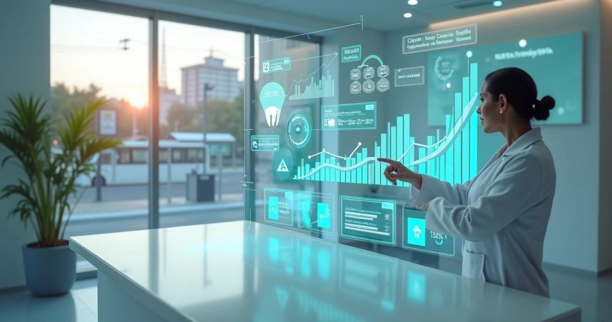 Dentista em Osasco analisando painel de marketing digital para clínica odontológica 