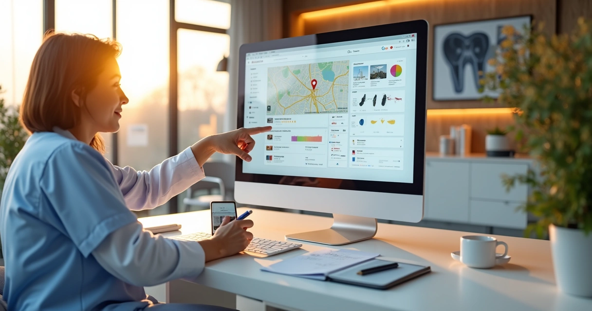 Dentista revisando perfil da clínica odontológica no painel do Google Meu Negócio em computador desktop 