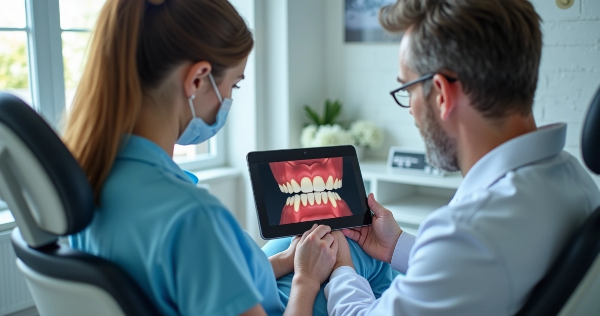 Dentista utilizando tablet ao lado de paciente, ambos olhando a tela 