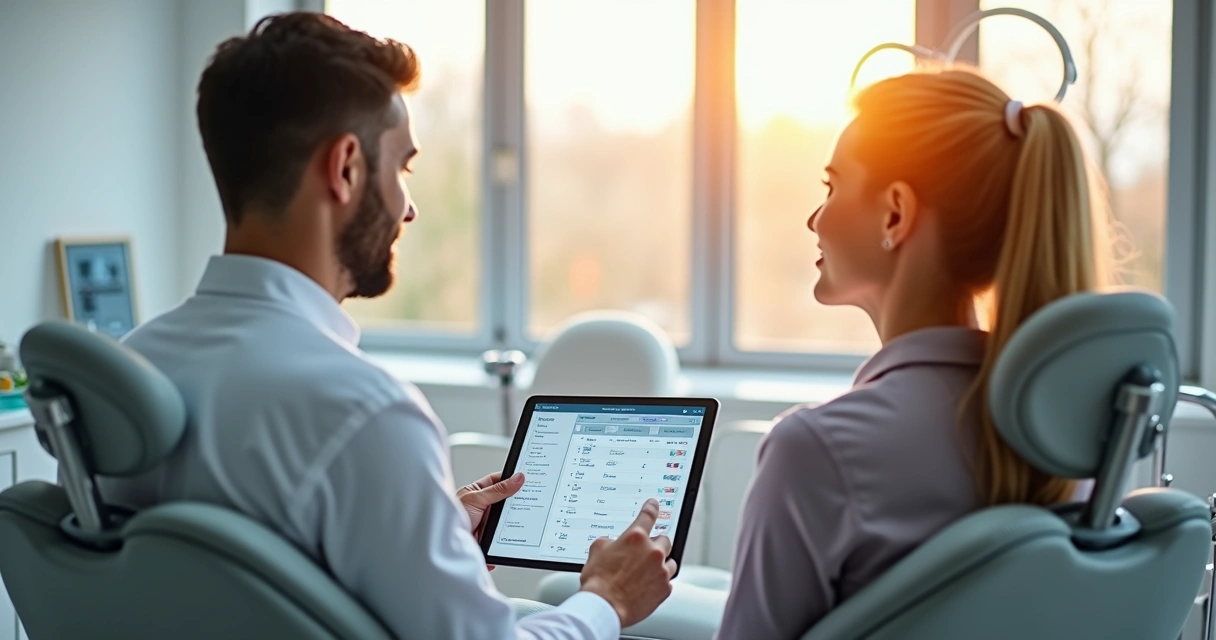 Dentista consulta paciente usando tablet na clínica 
