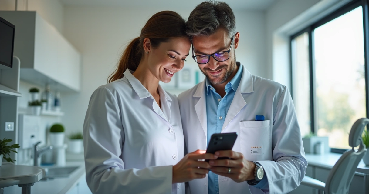 Dentista e paciente juntos após consulta, ambos olhando para celular após avaliação Google