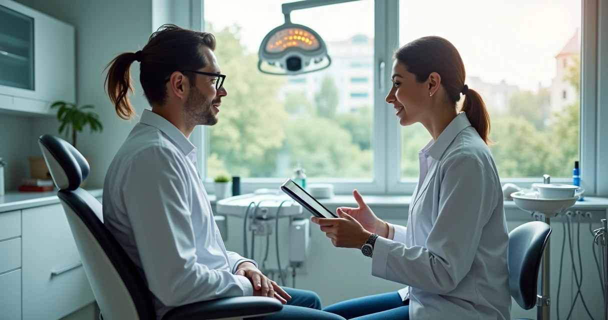 Dentista conversa com paciente em consultório moderno