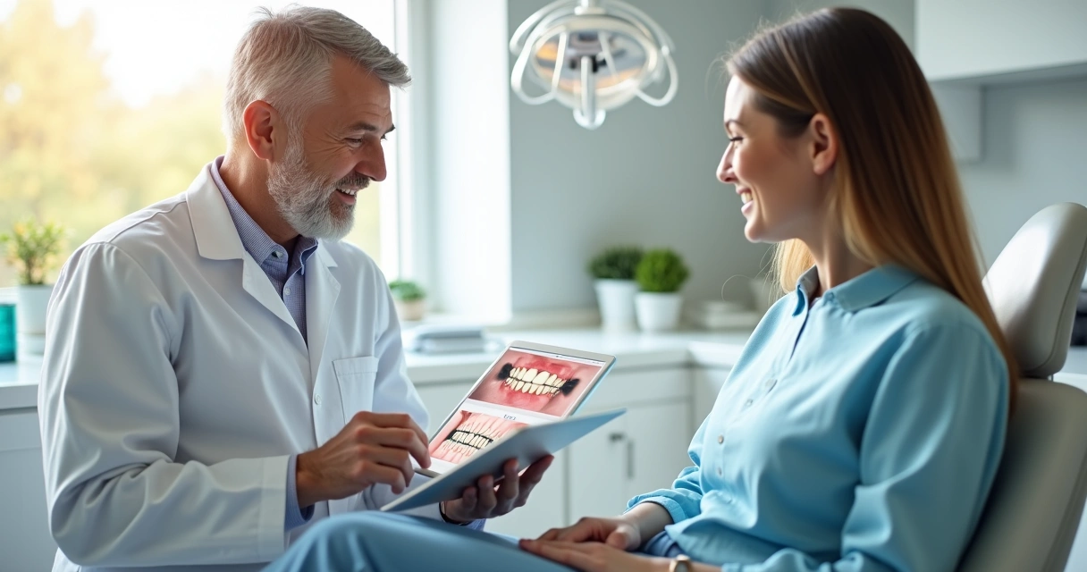 Dentista conversa com paciente em consultório moderno com tablet em mãos