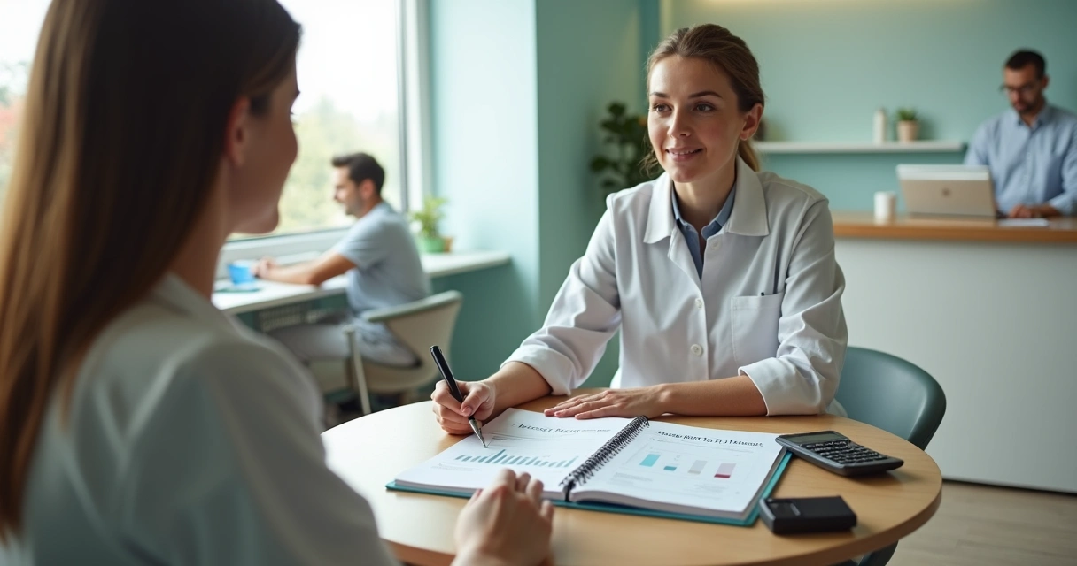 Dentista e paciente conversam calmamente sobre pagamento em consultório 