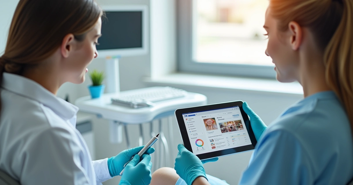 Dentista consulta paciente usando recursos digitais 