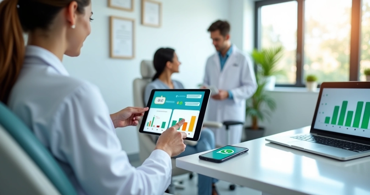 Dentista mostrando pesquisa de satisfação em tablet para paciente na clínica 