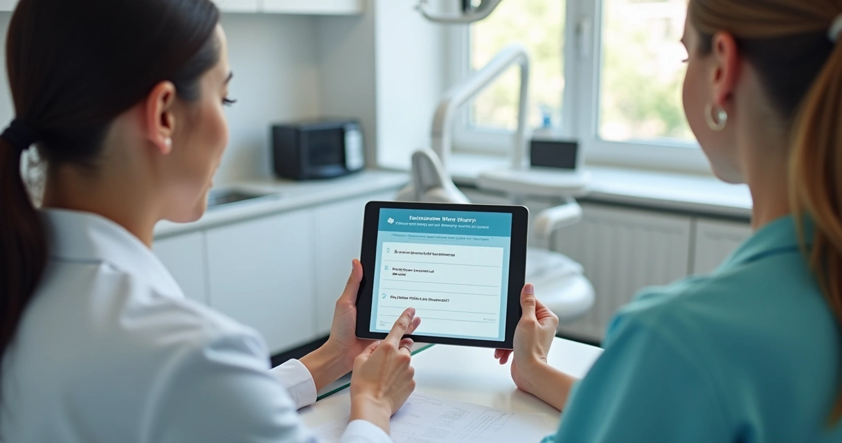Dentista e paciente realizando feedback em tablet 
