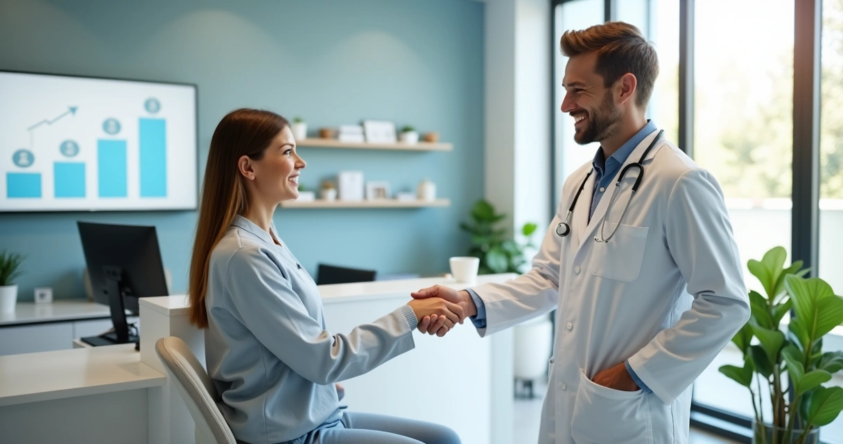 Dentista cumprimentando paciente sorridente em clínica moderna mostrando relação de confiança 